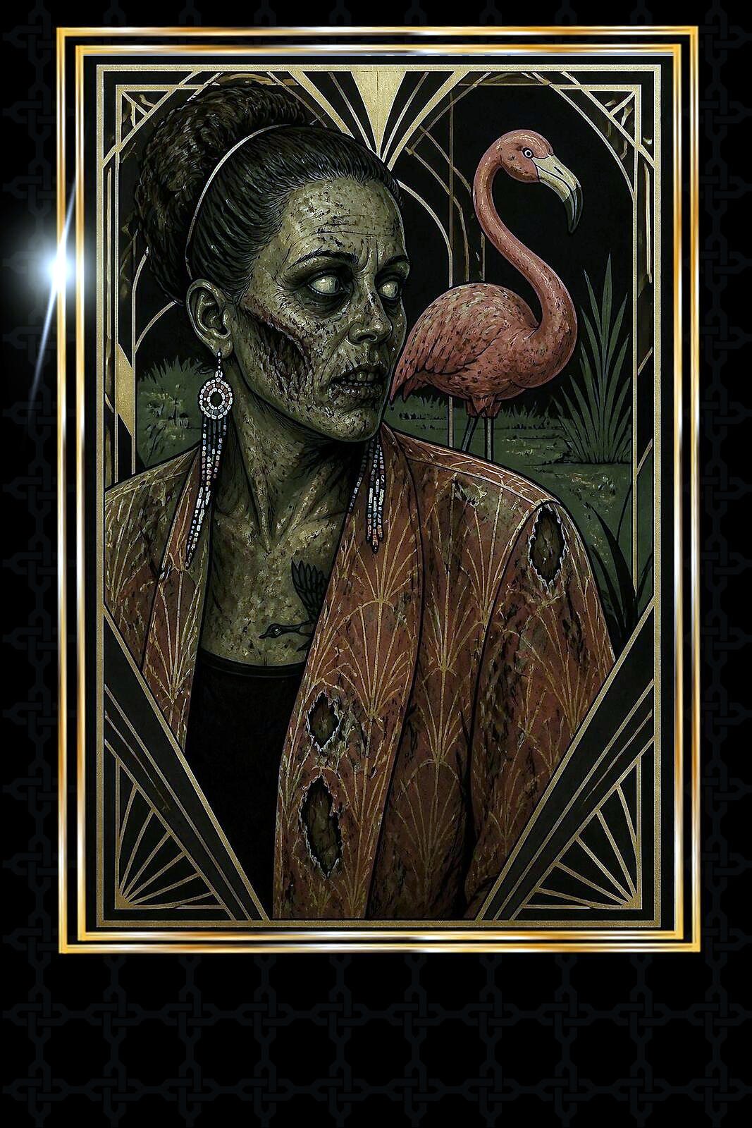 AI Photo Experience: a woman rendered as a sepia art-deco portrait beside a flamingo
