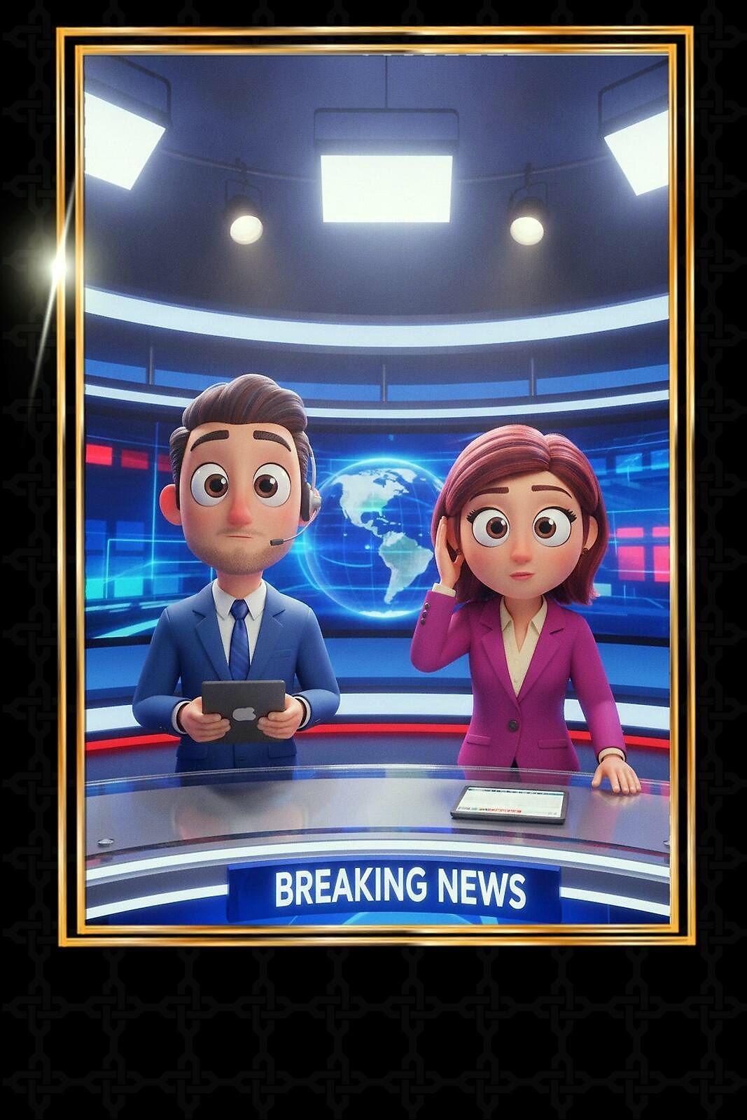 AI Photo Experience: two guests drawn as animated news anchors at a Breaking News desk