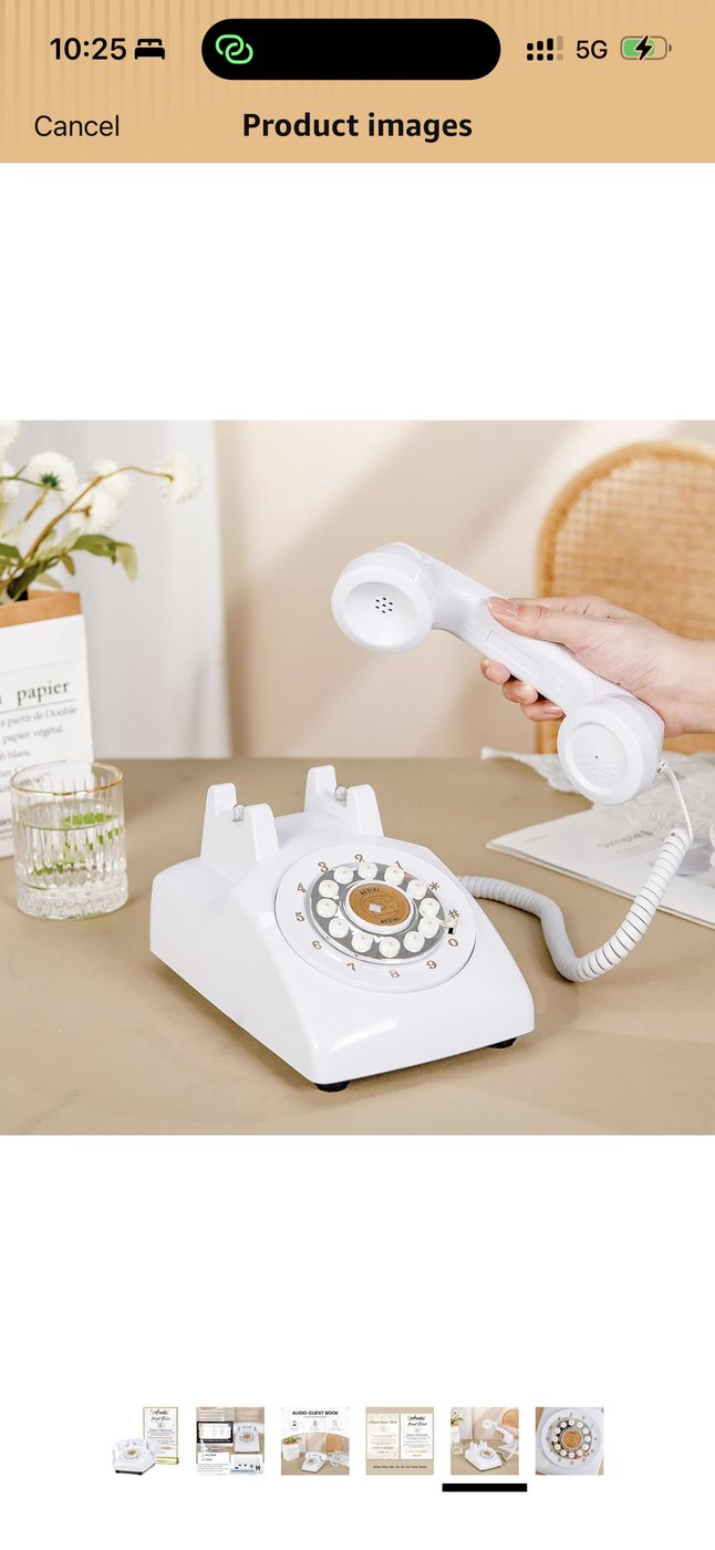Vintage white rotary phone audio guest book on red velvet